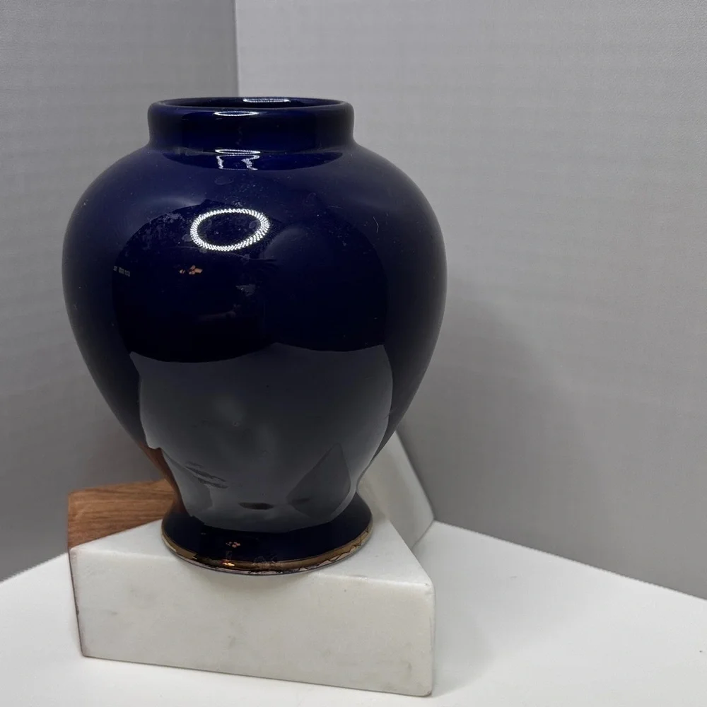 Vintage Asian Cobalt Blue Peacock Vase Jar Cherry Blossoms Gold Accents